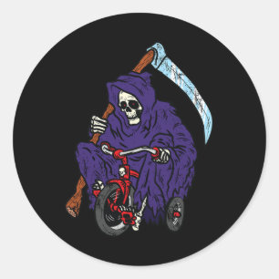 Sensenmann fährt Fahrrad Halloween Grusel Skelett Runder Aufkleber