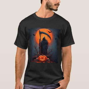 Sensenmann mit Halloween-Kürbis und Vollmond T-Shirt
