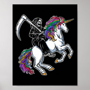 Sensenmann Riding Unicorn Regenbogen Skelett Hallo Poster
