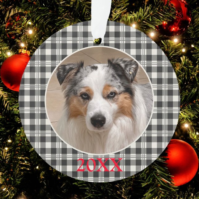 Sentimental Pet Foto Dark Gray Buffalo Kariert Ornament (Buffalo Plaid Dark Gray and Buttercream Ornament)
