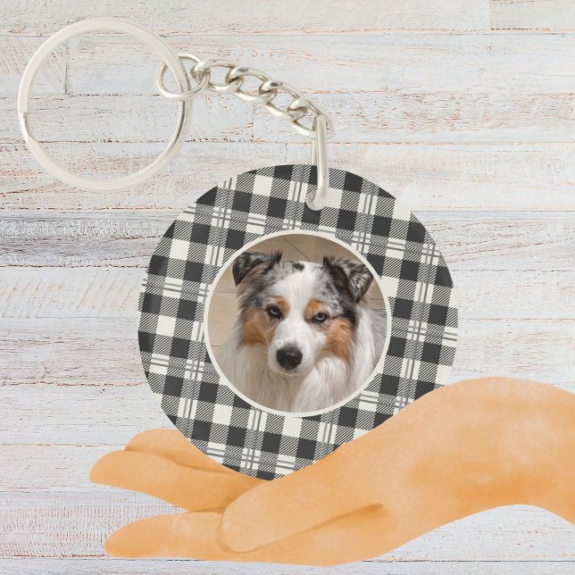 Sentimental Pet Photo Dark Grey Plaid Art (Buffalo Plaid Dark Gray and Buttercream Photo Keychain)