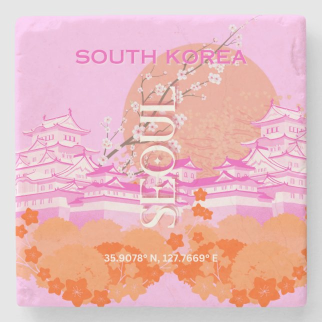 Seoul South Korea Travel Art, Pink Steinuntersetzer (Vorderseite)