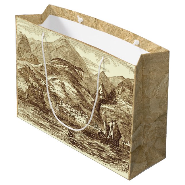Sepia-Abgetönter Panoramablick Funchals Madeira Große Geschenktüte (Rückseite Schrägansicht)