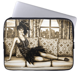Sepia-Art-Deco-Illustration einer Flapper-Frau Laptopschutzhülle