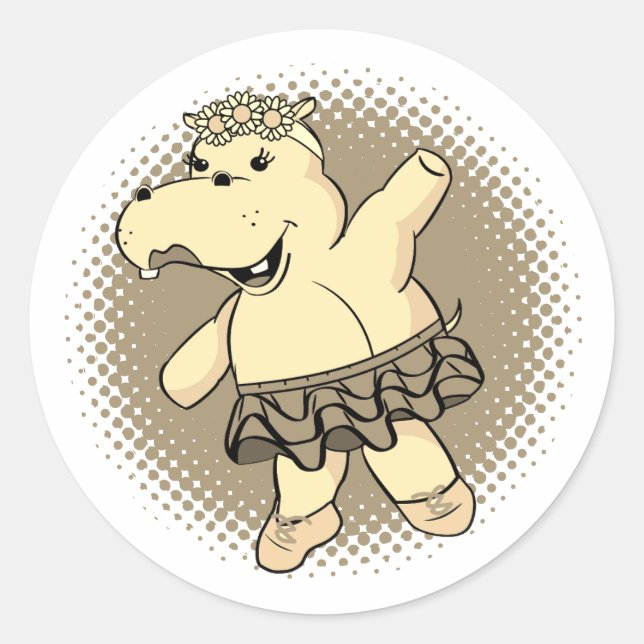 Sepia Ballerina Hippo mit Tutu Runder Aufkleber (Vorderseite)