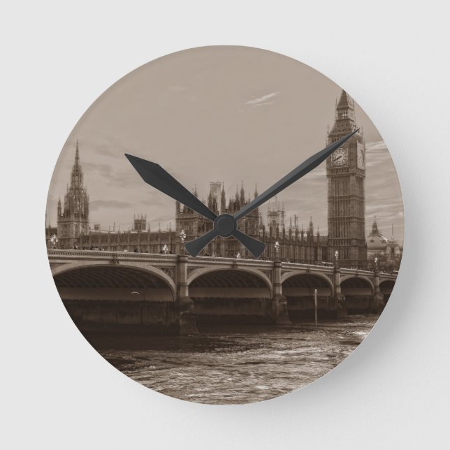 Sepia Big Ben Tower Palace in Westminster Runde Wanduhr (Vorderseite)