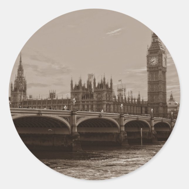 Sepia Big Ben Tower Palace in Westminster Runder Aufkleber (Vorderseite)
