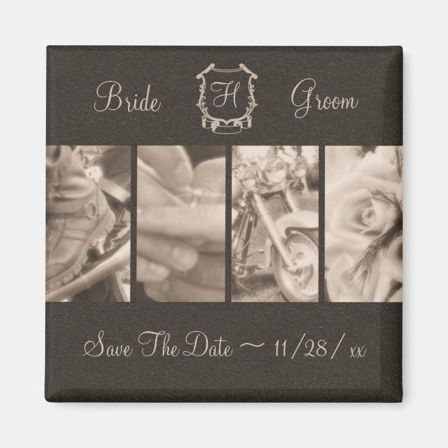 Sepia Biker Wedding Fotos speichern das Date Magne Magnet (Vorne)