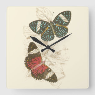 Sepia-Blätter mit bunten Schmetterlingen Quadratische Wanduhr