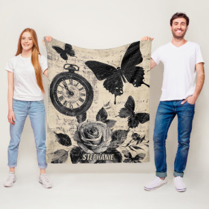 Sepia-Blumen-Schmetterling-Wanderlust-Kompass Fleecedecke