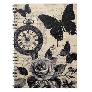Sepia-Blumen-Schmetterling-Wanderlust-Kompass Notizblock