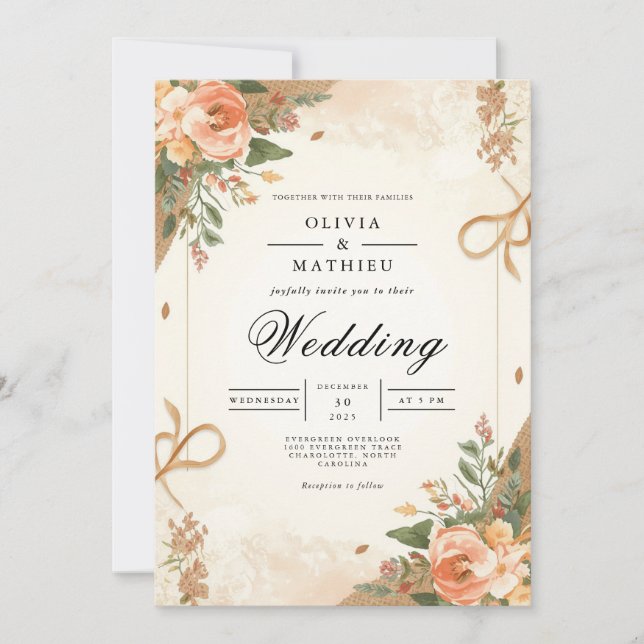 Sepia Blush Floral Romance Wedding Einladung (Vorderseite)
