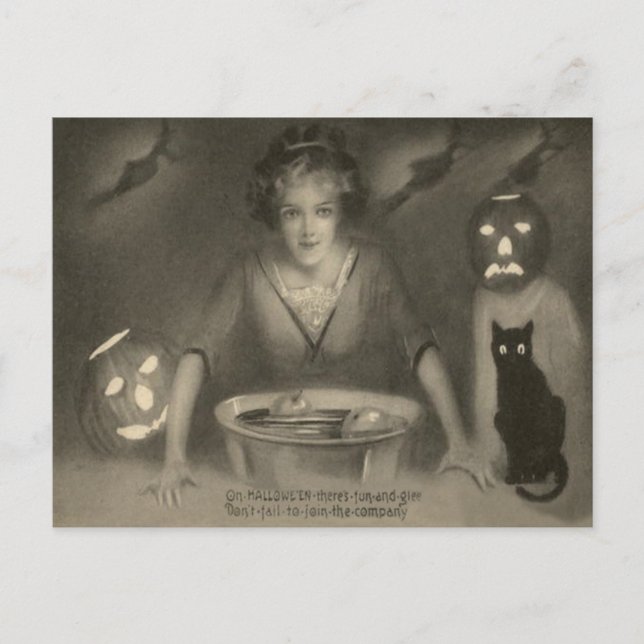 Sepia Bobbing für Äpfel Black Cat Pumpkin Postkarte (Vorderseite)