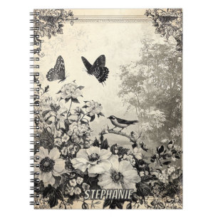 Sepia-Botanik-Vögel-Schmetterlinge-Vintage Notizblock