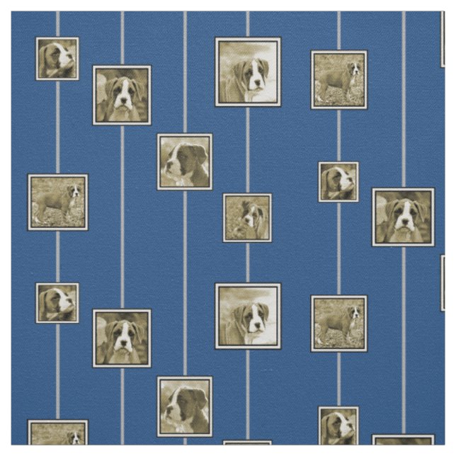 Sepia-Boxer-Hündchen auf blauem Gewebe Stoff (Muster)