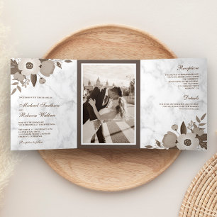 Sepia-Braune Florale Weiße Marmor-Foto-Hochzeit Dreifach Gefaltete Einladung