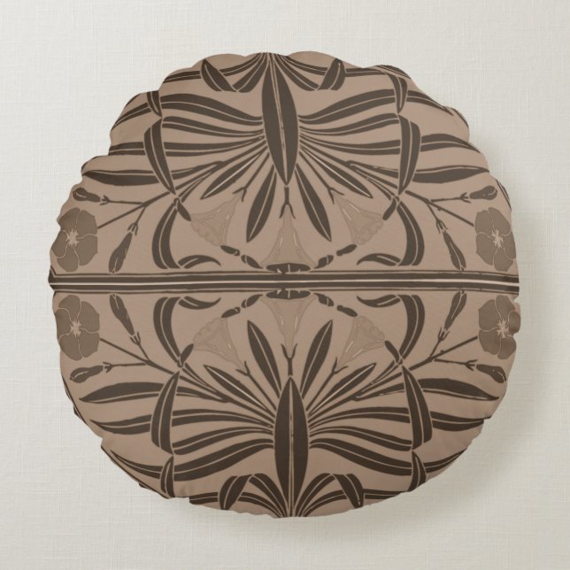 Sepia Brown Art Nouveau Round Coussin (Devant)