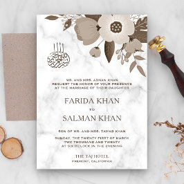 Sepia Brown Floral White Marble Islamische Hochzei Einladung