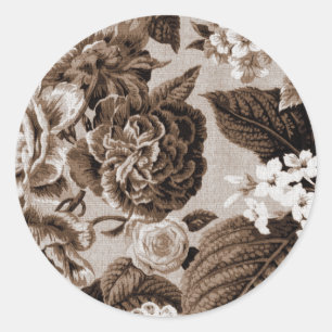 Sepia Brown Vintages BlumenToile No.1 Runder Aufkleber