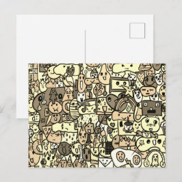 Sepia Cartoon Character Hand Drass Muster Postkarte