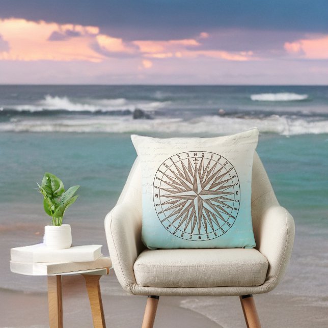 Sepia Compas-Rose auf Blue mit Handwriting Kissen (Von Creator hochgeladen)