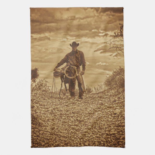 Sepia-Cowboy-Küchen-Tuch-Western-Cowboy Geschirrtuch (Vertikal)
