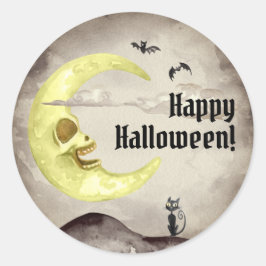 Sepia Creepy Moon Bats Black Cat Halloween Runder Aufkleber