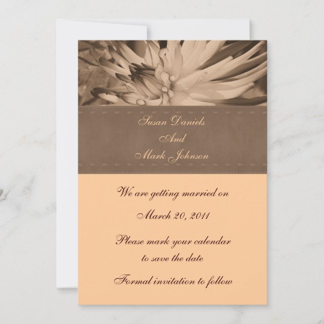 Sepia Dahlia Blume Hochzeit speichern das Datum Einladung (Vorderseite)