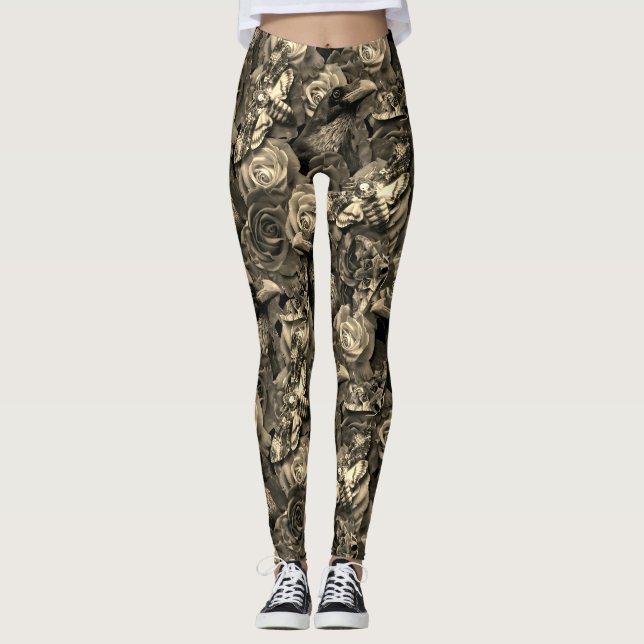 Sepia Death Head Hawk Moths Goth Raven mit Rose Leggings (Vorderseite)