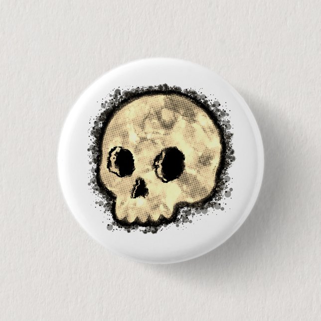 Sepia Dotted Halftone Skull Wasserfarbe Button (Vorderseite)