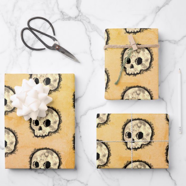 Sepia Dotted Halftone Skull Wasserfarbe Geschenkpapier Set (Vorderseite)