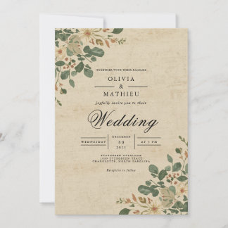 Sepia Earthy Floral Corner Wedding Einladung