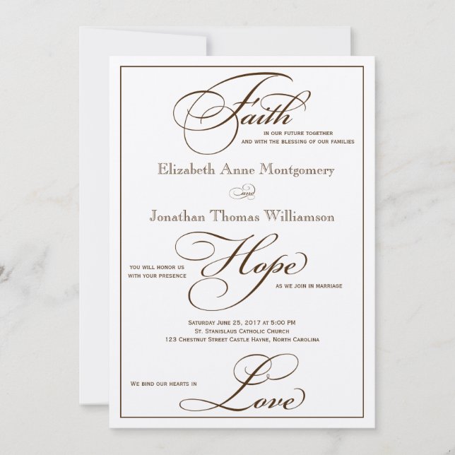Sepia Faith Hope Love Script Faire-part de mariage (Devant)