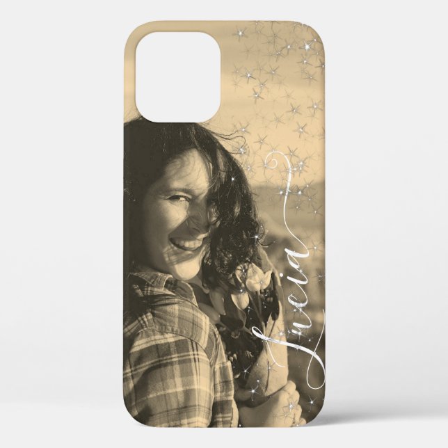 Sepia Foto Template Calligraphy Glitzer Stars Case-Mate iPhone Hülle (Rückseite)
