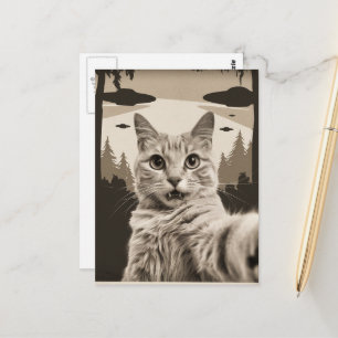 Sepia Funny Kitty und UFOs Postkarte