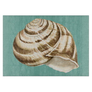 Sepia-gestreifte Muschel auf aquamarinem Schneidebrett