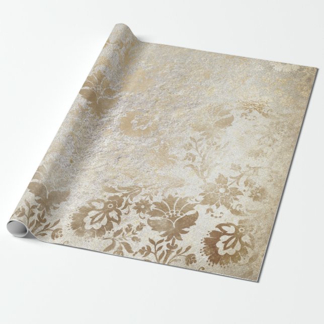 Sepia Gold Floral Hütte Grungy Damask Antonietta Geschenkpapier (Ungerollt)