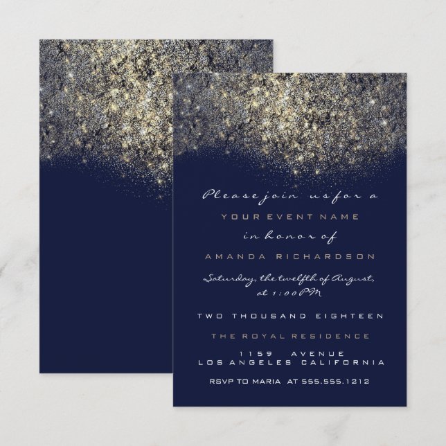 Sepia Gold Funkelnd Glitzer Blue Navy Einladung (Vorne/Hinten)