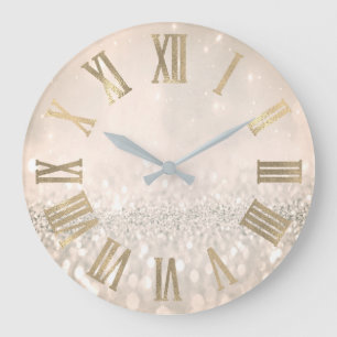 Sepia Gold Glitzer Gray Metallic römische Zahlen Große Wanduhr