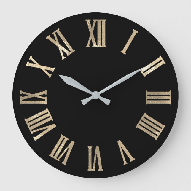 Sepia Gold Gray Black Metallic römische Zahlen Große Wanduhr (Vorderseite)
