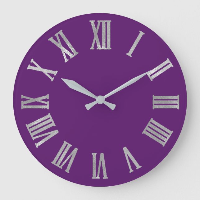 Sepia Gold Violet Metallic Silver Roman Numbers Große Wanduhr (Vorderseite)