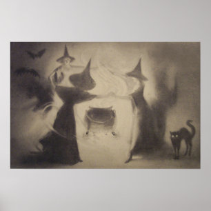 Sepia Hexenfledermaus Nacht Kessel Schwarze Katze Poster