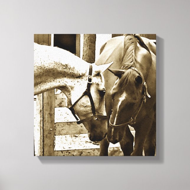 Sepia Image of Two Horses Up-Nah Leinwanddruck (Vorderseite)