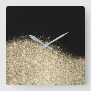 Sepia-Imitat-Goldschwarz-Glitzer-graues minimales Quadratische Wanduhr