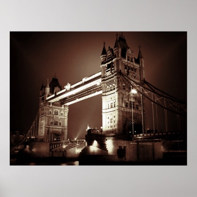 Sepia London Tower Bridge bei Nacht Poster (Vorne)