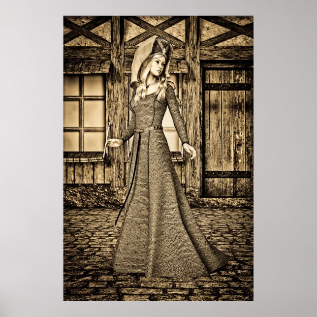 Sepia-Mittelalterprinzessin-Renaissancekunst Poster (Vorne)