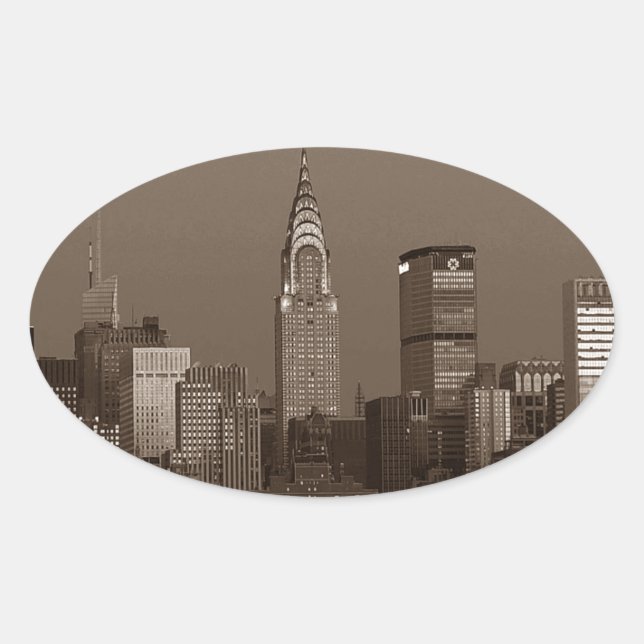 Sepia New York City Skyline Ovaler Aufkleber (Vorderseite)