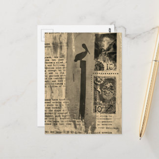 Sepia Pelican mixed media collage Postkarte