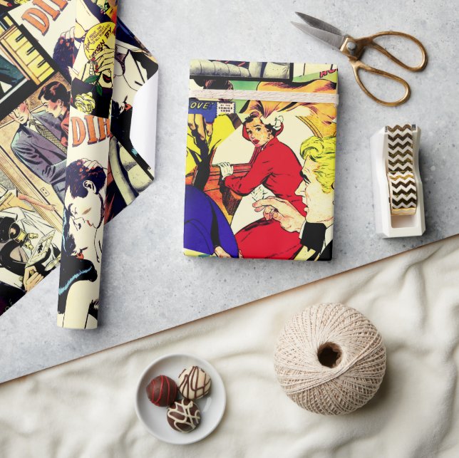 Sepia Romance Comic Book Cover Jumble Collage Geschenkpapier (Kunsthandwerk)