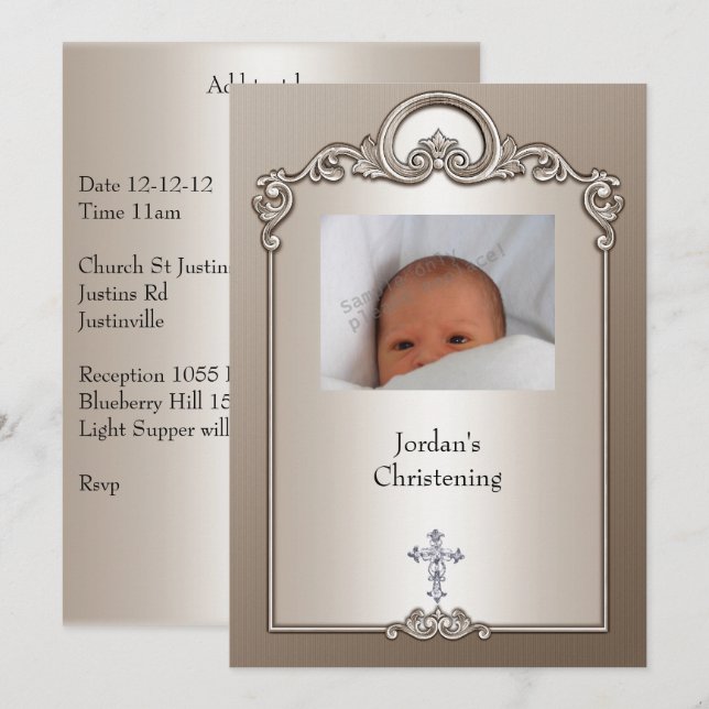Sepia Silver Foto Frame Jewel Cross Christening Einladung (Vorne/Hinten)